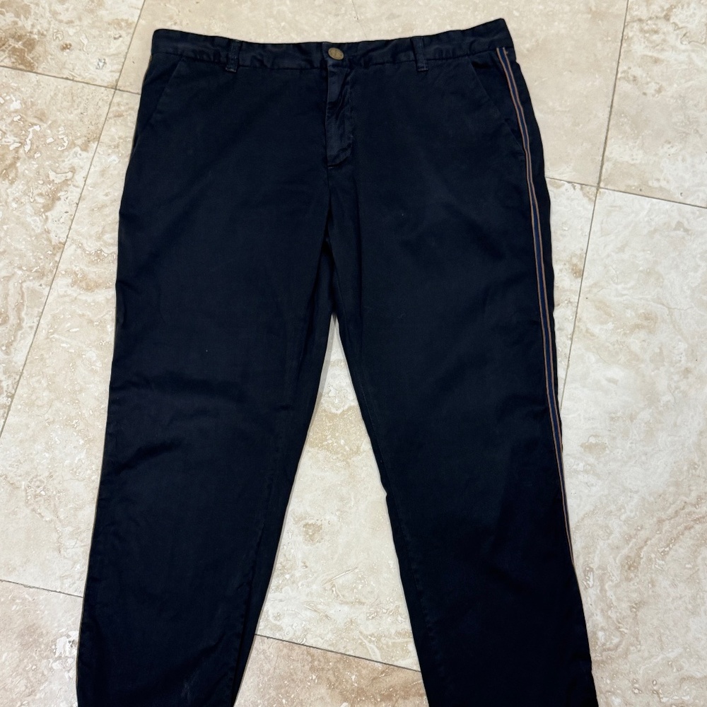 Current Elliott Womens 31 Buddy Trouser Black Cotton Pants w/ Beige Side Stripe